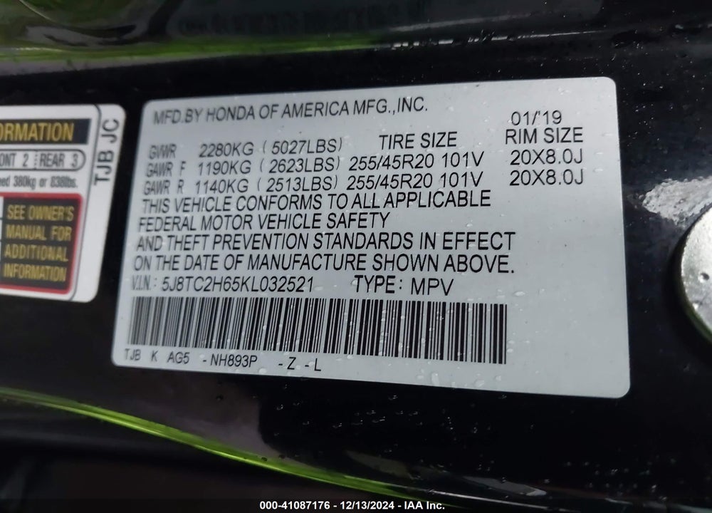 2019 ACURA RDX VIN: 5J8TC2H65KL032521