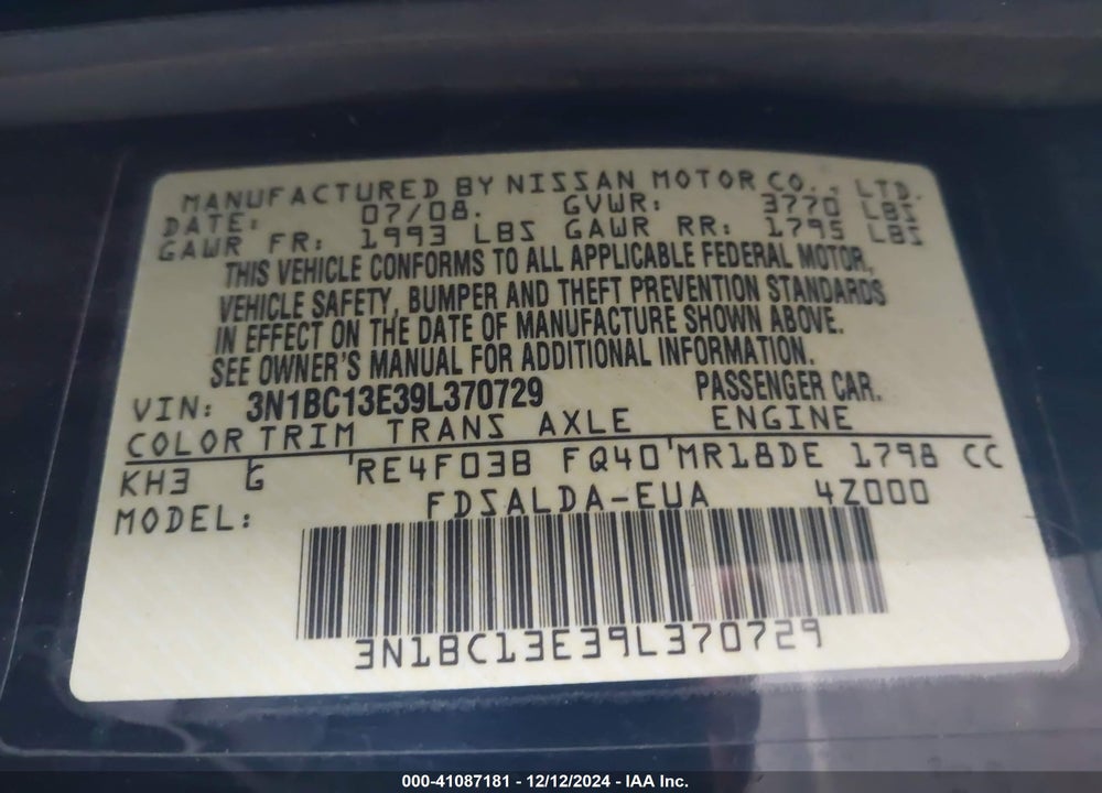 2009 NISSAN VERSA 1.8S VIN: 3N1BC13E39L370729