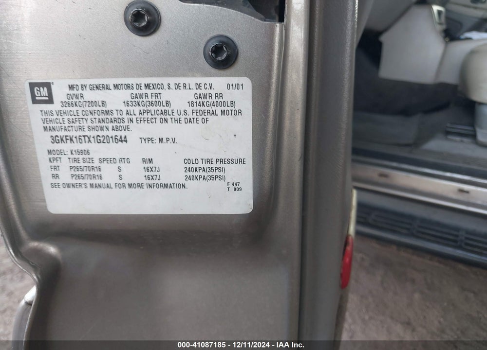 2001 GMC YUKON XL 1500 SLT VIN: 3GKFK16TX1G201644