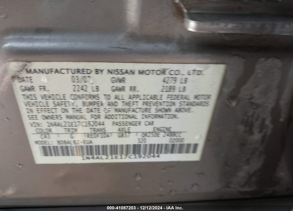 2007 NISSAN ALTIMA VIN: 1N4AL21E17C192044