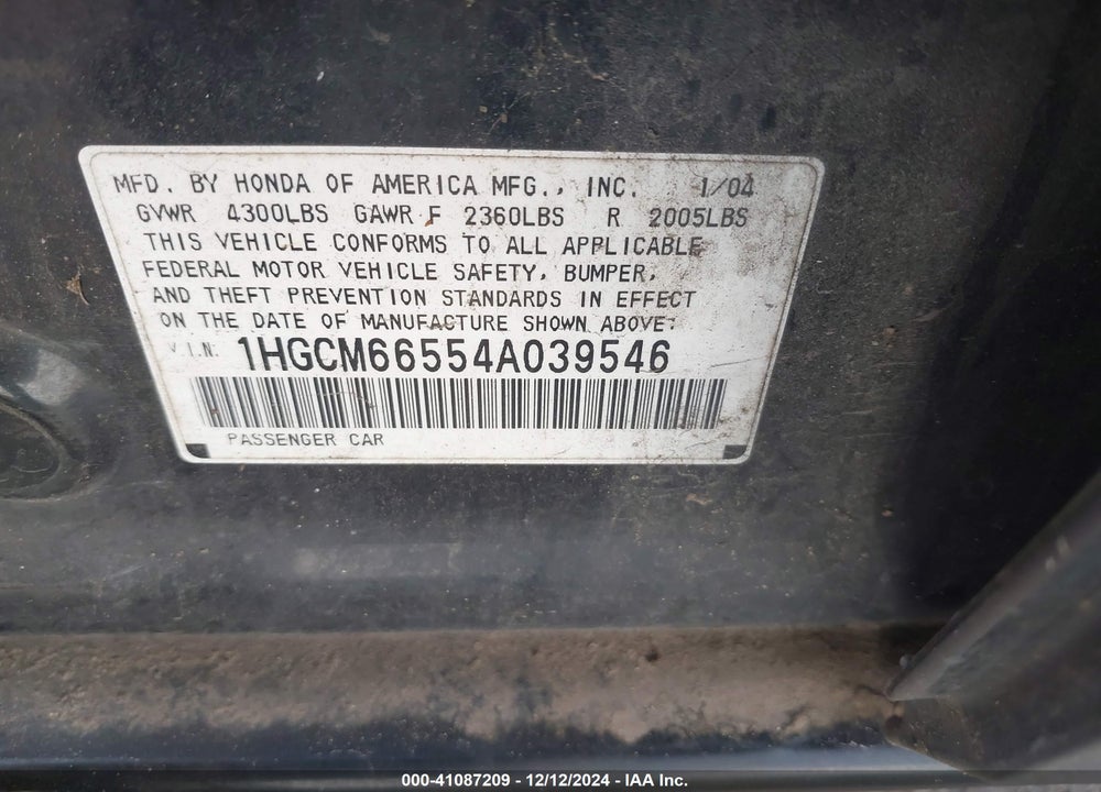 2004 HONDA ACCORD 3.0 EX VIN: 1HGCM66554A039546