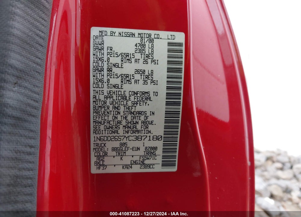 2000 NISSAN FRONTIER XE VIN: 1N6DD26S7YC387180