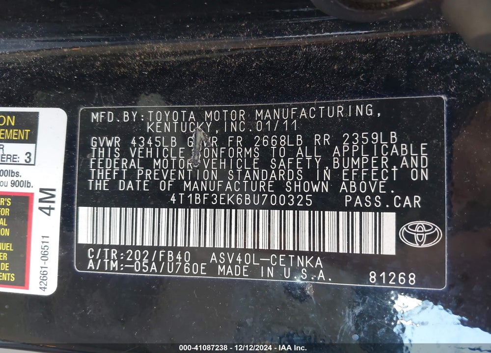 2011 TOYOTA CAMRY LE VIN: 4T1BF3EK6BU700325