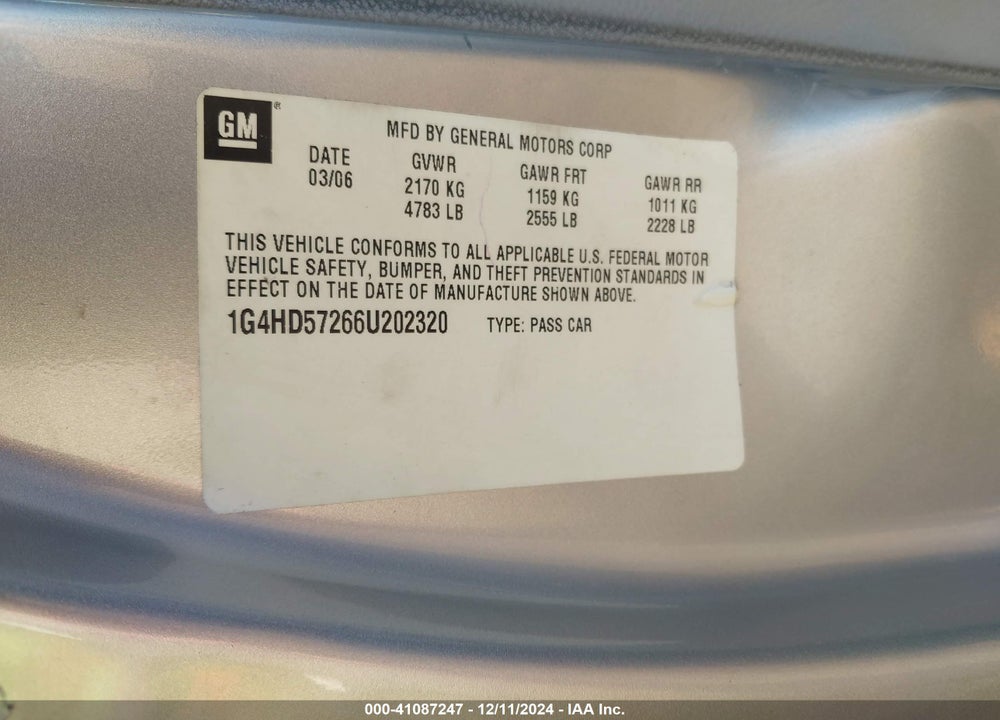 2006 BUICK LUCERNE CXL VIN: 1G4HD57266U202320