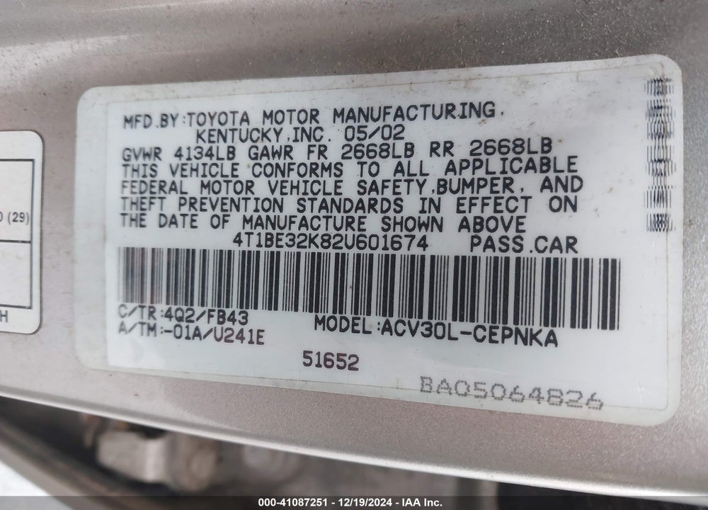2002 TOYOTA CAMRY LE VIN: 4T1BE32K82U601674