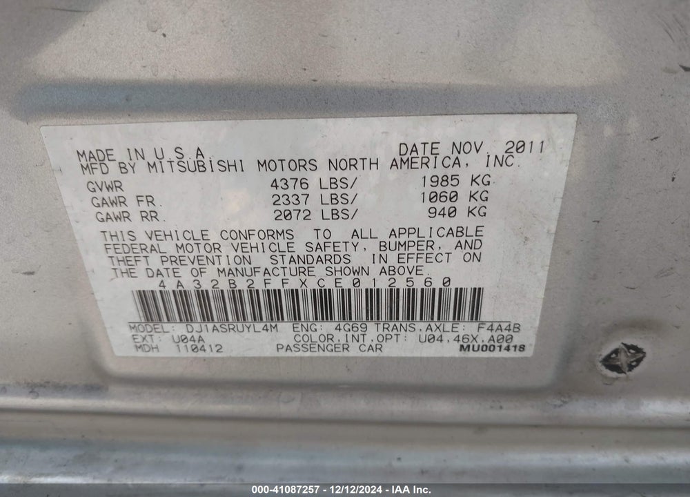 2012 MITSUBISHI GALANT FE VIN: 4A32B2FFXCE012560