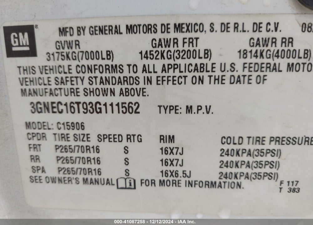 2003 CHEVROLET SUBURBAN 1500 LS VIN: 3GNEC16T93G111562