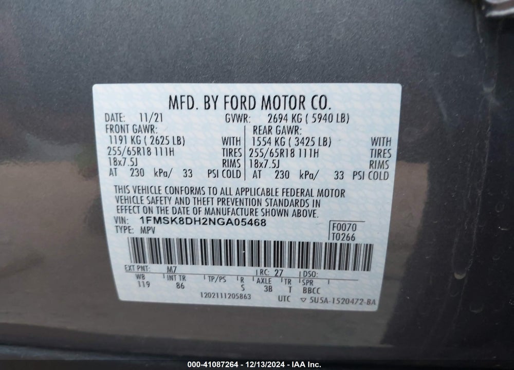 2022 FORD EXPLORER XLT VIN: 1FMSK8DH2NGA05468