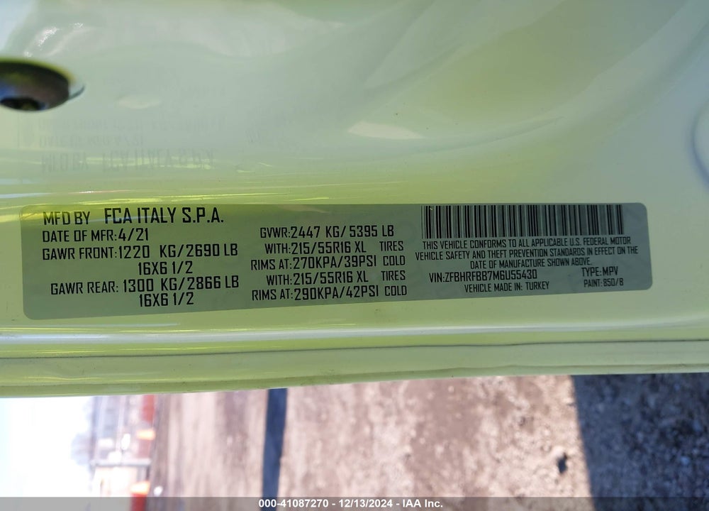2021 RAM PROMASTER CITY TRADESMAN SLT VIN: ZFBHRFBB7M6U55430