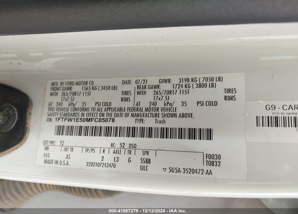 2021 FORD F-150 VIN: 1FTFW1E50MFC05078