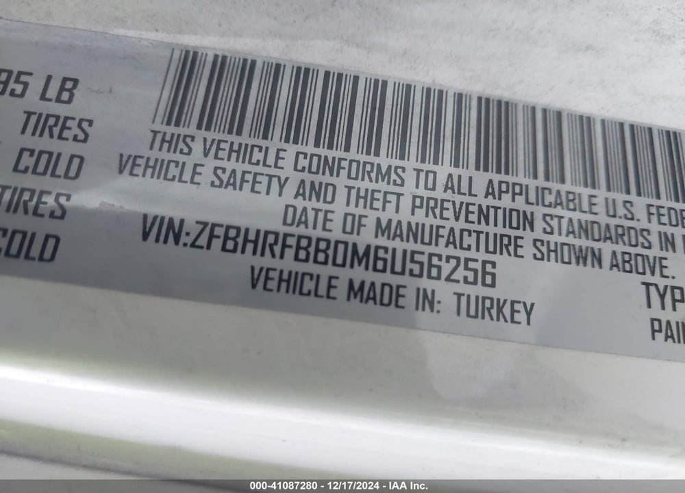 2021 RAM PROMASTER CITY TRADESMAN SLT VIN: ZFBHRFBB0M6U56256