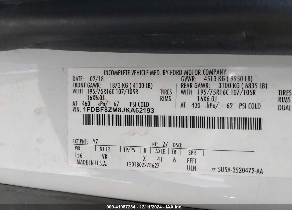 2018 FORD TRANSIT-350 CAB VIN: 1FDBF8ZM8JKA62193