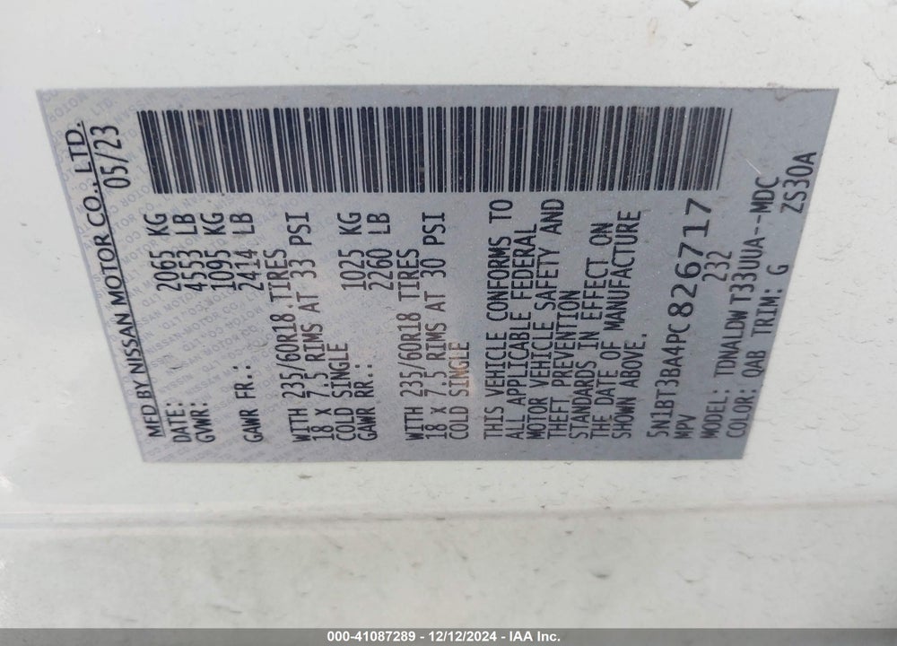 2023 NISSAN ROGUE SV FWD VIN: 5N1BT3BA4PC826717