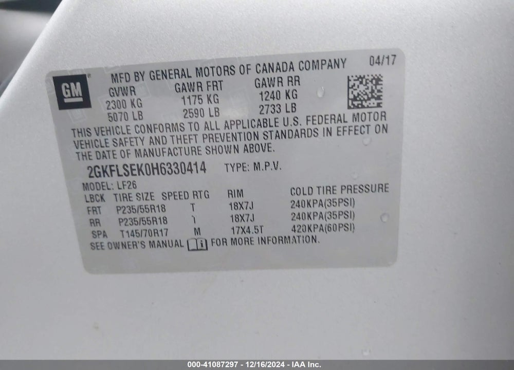 2017 GMC TERRAIN SLE-1 VIN: 2GKFLSEK0H6330414