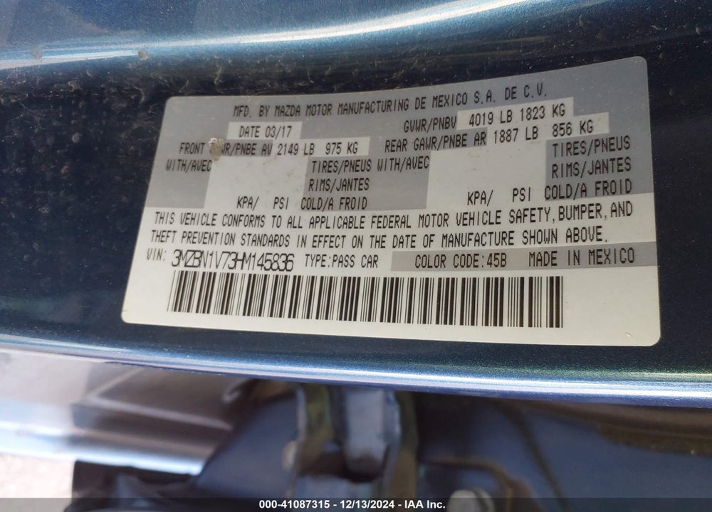 2017 MAZDA 3 TOURING VIN: 3MZBN1V73HM145836
