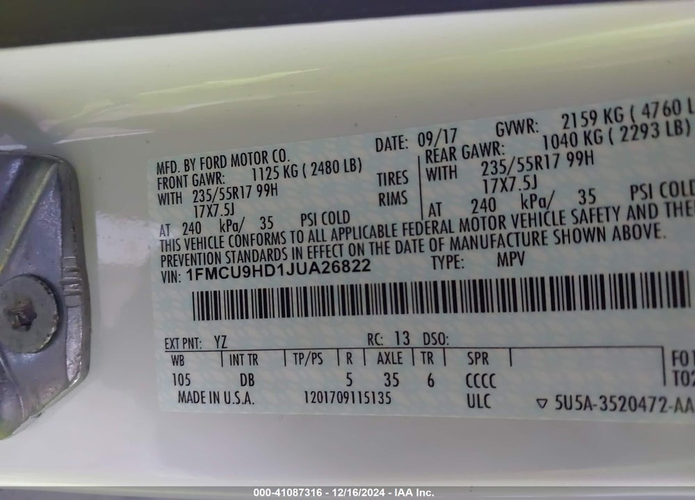 2018 FORD ESCAPE SEL VIN: 1FMCU9HD1JUA26822