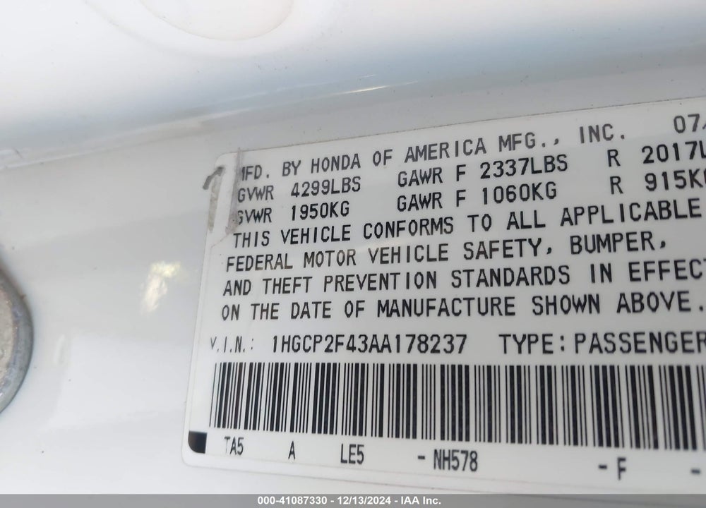 2010 HONDA ACCORD 2.4 LX-P VIN: 1HGCP2F43AA178237