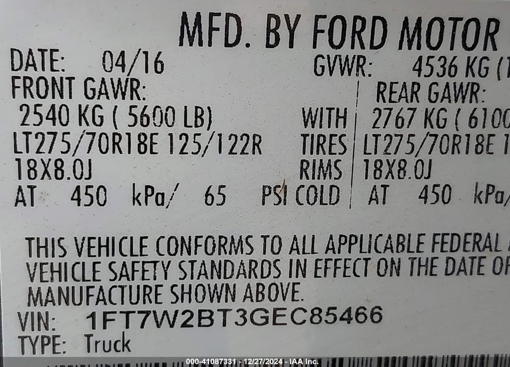 2016 FORD F-250 XLT VIN: 1FT7W2BT3GEC85466