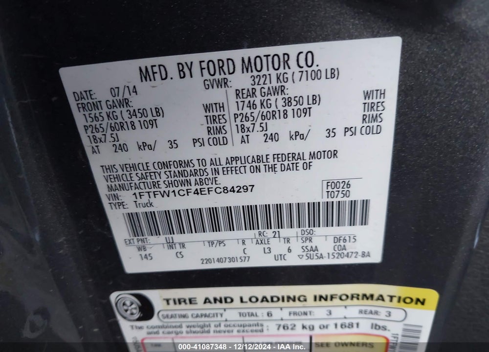 2014 FORD F150 VIN: 1FTFW1CF4EFC84297