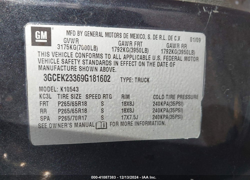 2009 CHEVROLET SILVERADO 1500 LT VIN: 3GCEK23369G181602