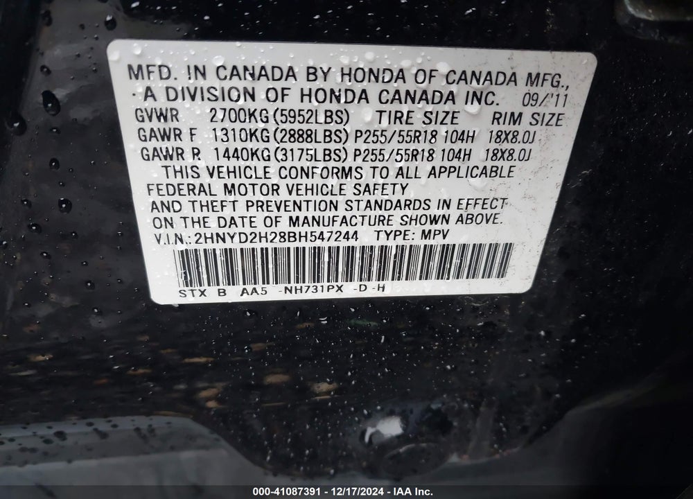 2011 ACURA MDX VIN: 2HNYD2H28BH547244