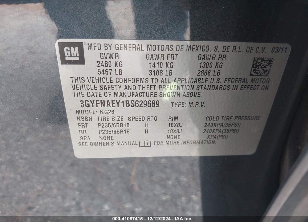 2011 CADILLAC SRX LUXURY COLLECTION VIN: 3GYFNAEY1BS629689