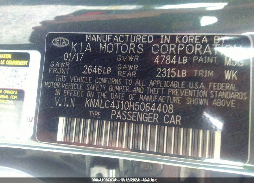 2017 KIA CADENZA TECHNOLOGY VIN: KNALC4J10H5064408