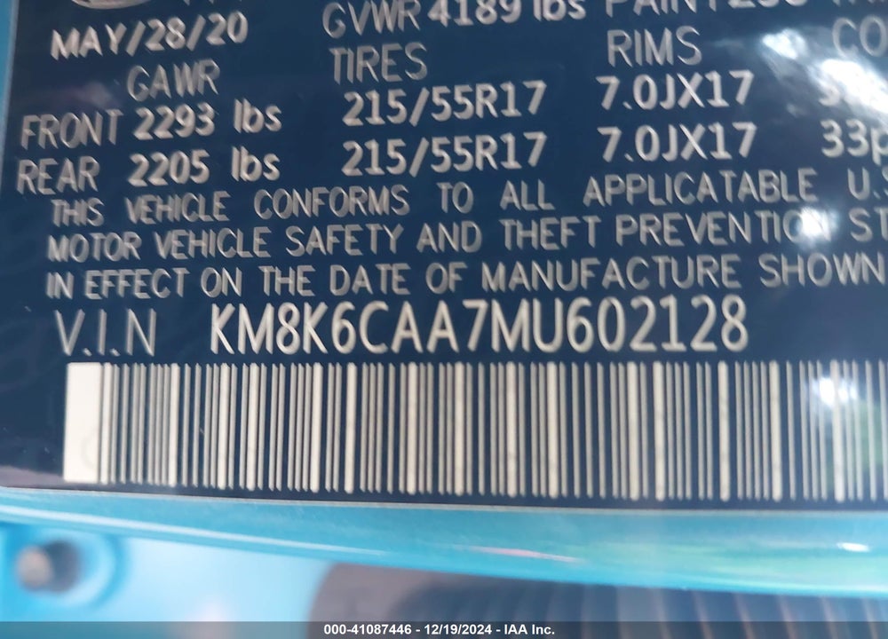 2021 HYUNDAI KONA SEL PLUS VIN: KM8K6CAA7MU602128