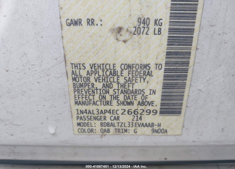 2014 NISSAN ALTIMA 2.5 SV VIN: 1N4AL3AP4EC266299