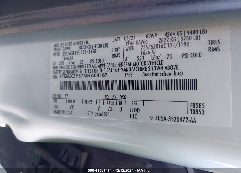 2021 FORD TRANSIT-350 PASSENGER VAN XLT VIN: 1FBAX2Y87MKA64167