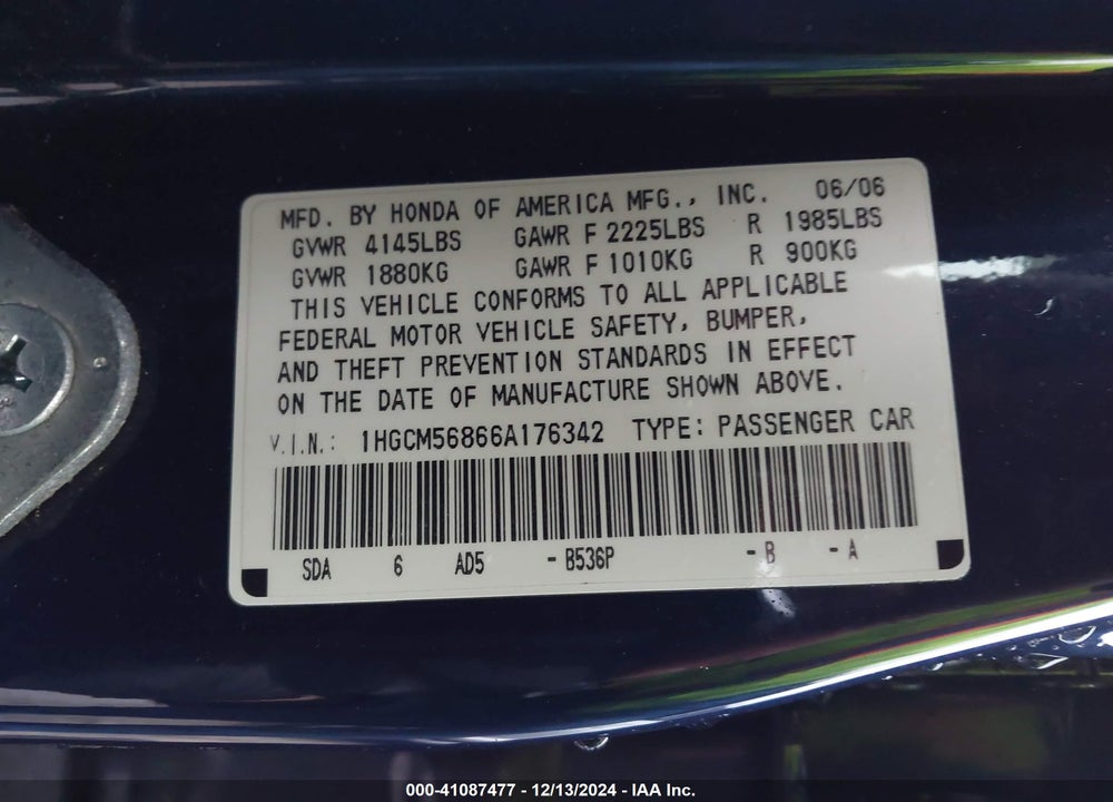 2006 HONDA ACCORD 2.4 EX VIN: 1HGCM56866A176342