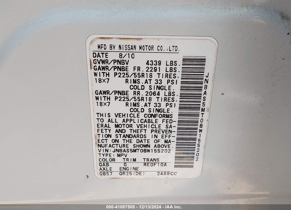 2011 NISSAN ROGUE SV VIN: JN8AS5MT0BW155202