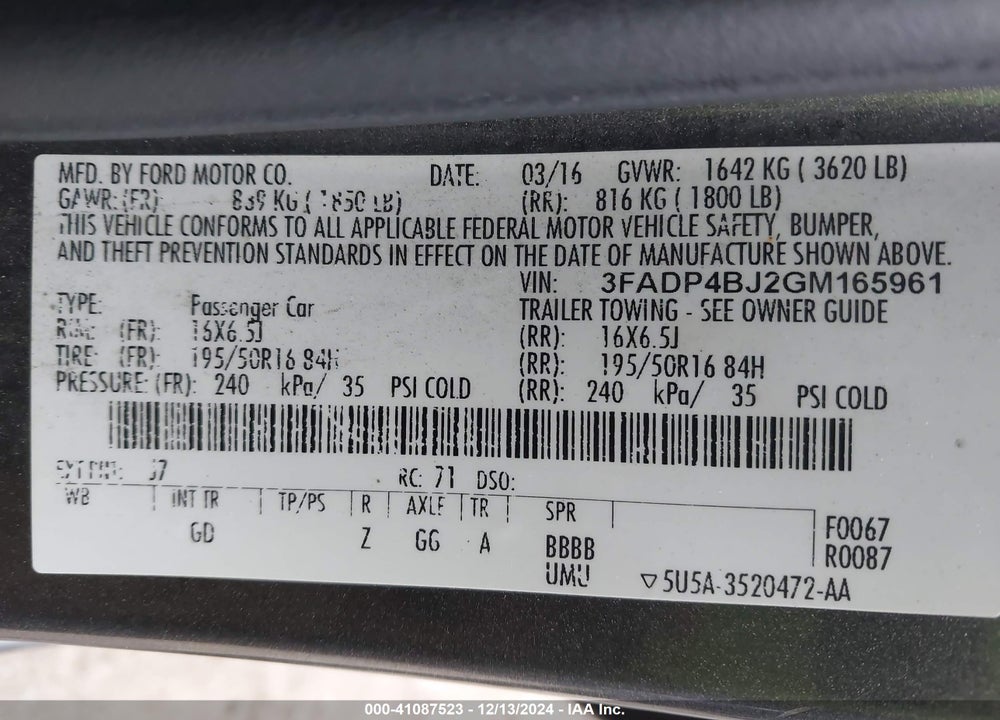 2016 FORD FIESTA SE VIN: 3FADP4BJ2GM165961