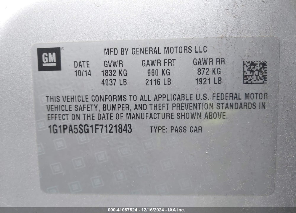 2015 CHEVROLET CRUZE LS AUTO VIN: 1G1PA5SG1F7121843