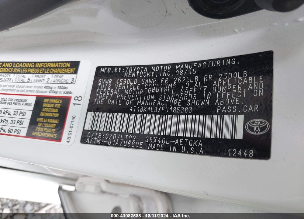 2015 TOYOTA AVALON VIN: 4T1BK1EBXFU185383