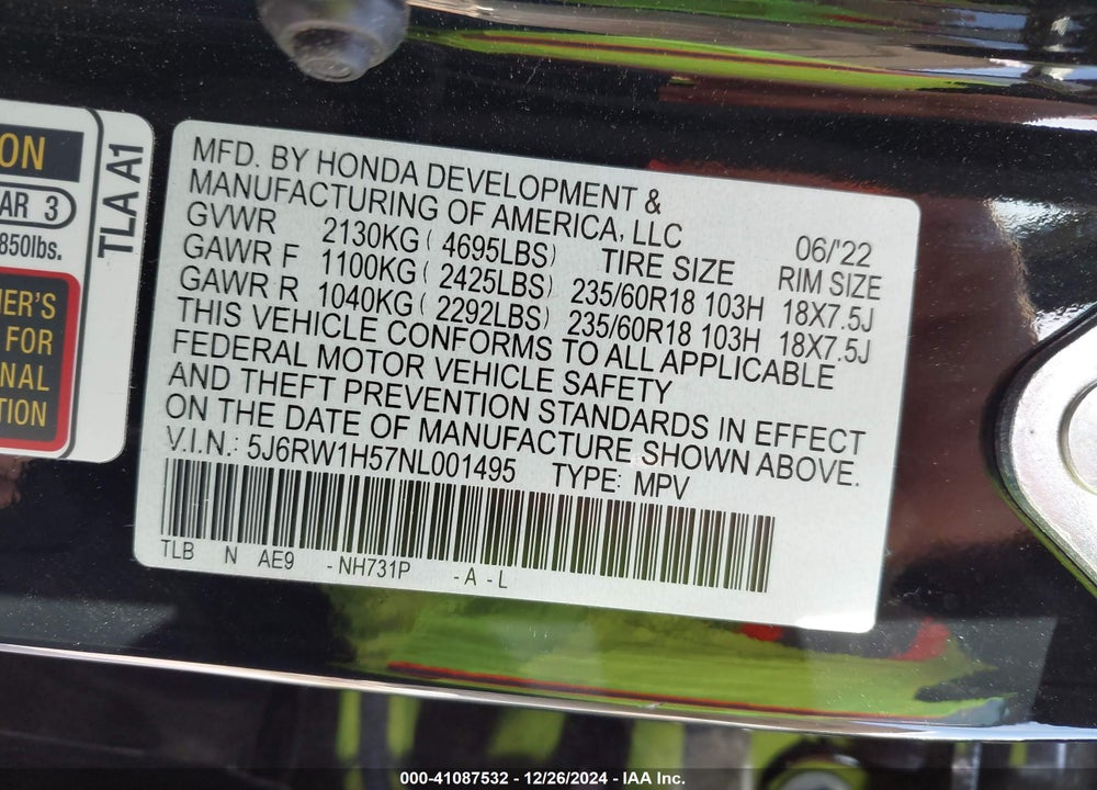 2022 HONDA CR-V 2WD EX VIN: 5J6RW1H57NL001495
