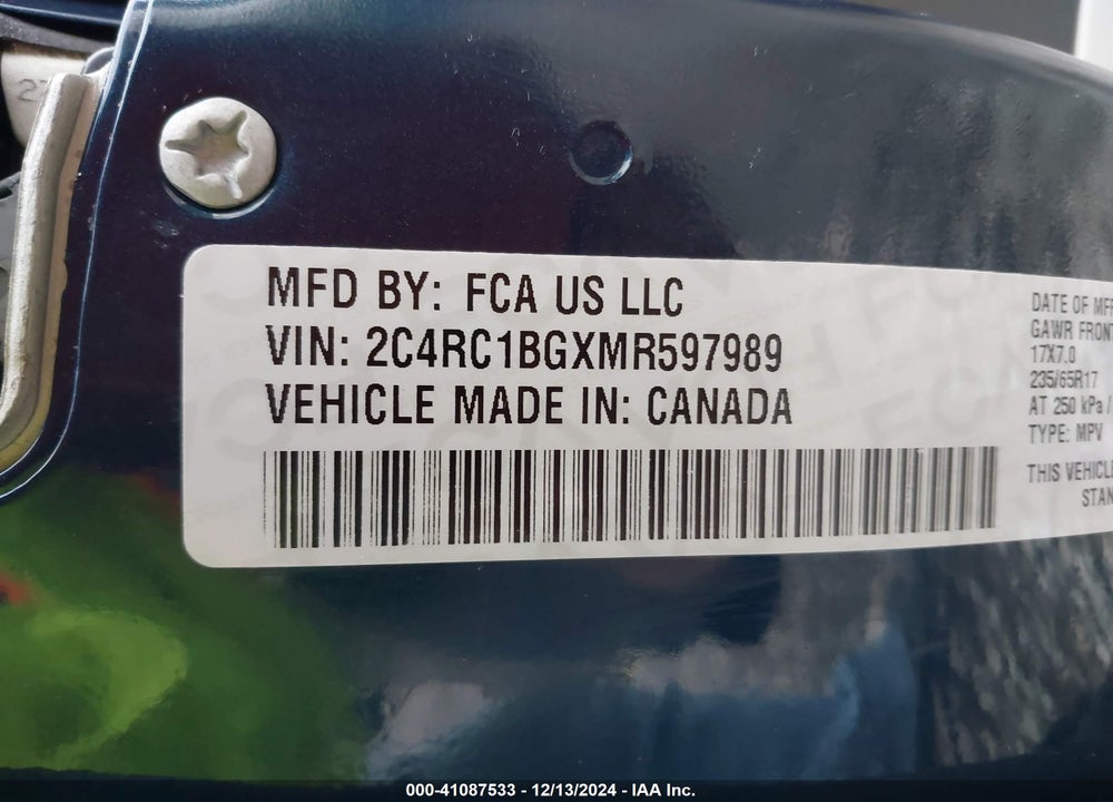 2021 CHRYSLER PACIFICA TOURING L VIN: 2C4RC1BGXMR597989