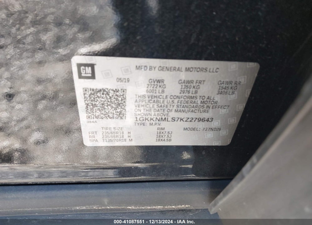 2019 GMC ACADIA SLT-1 VIN: 1GKKNMLS7KZ279643