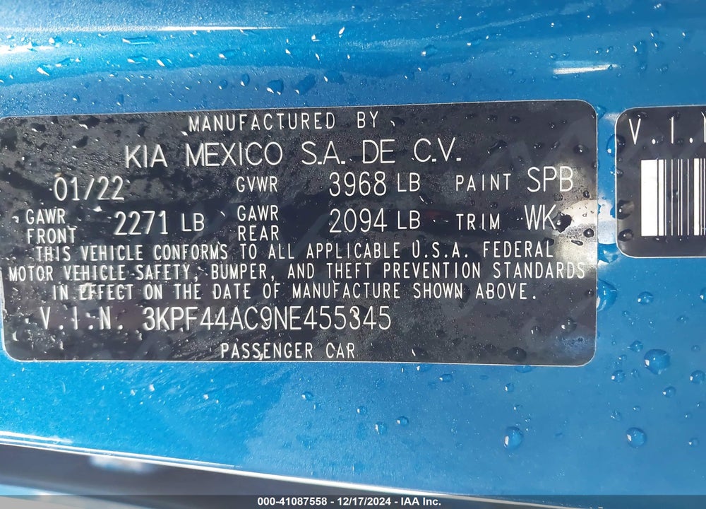 2022 KIA FORTE GT VIN: 3KPF44AC9NE455345