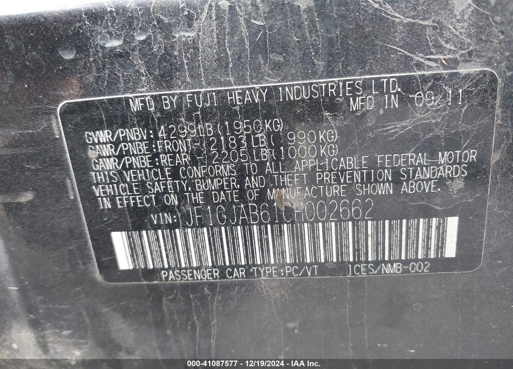 2012 SUBARU IMPREZA VIN: JF1GJAB61CH002662