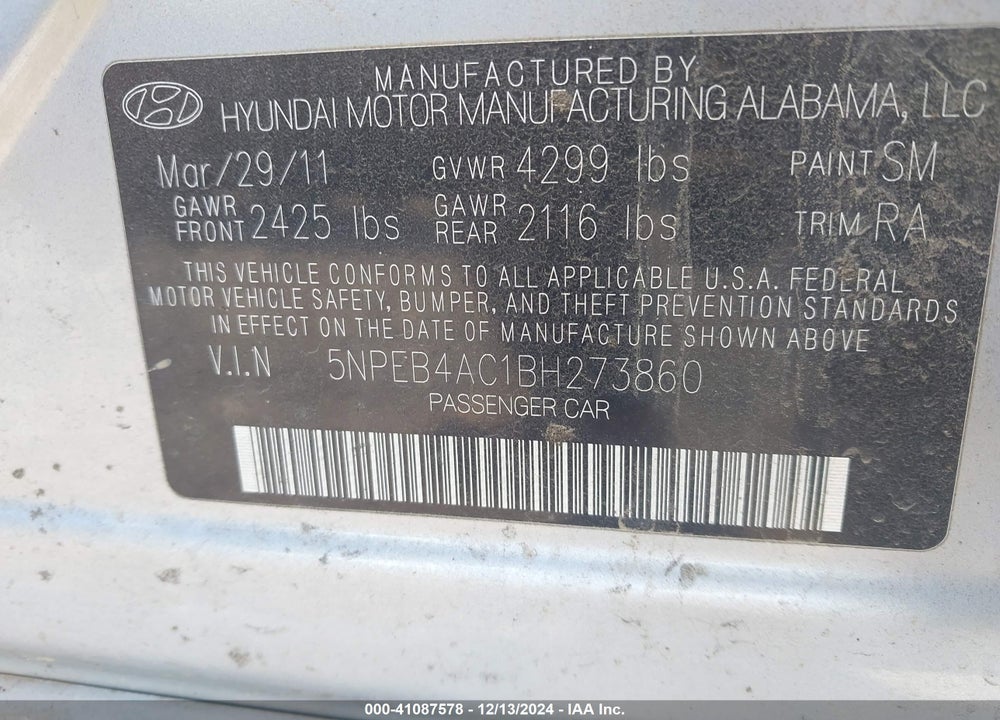 2011 HYUNDAI SONATA VIN: 5NPEB4AC1BH273860