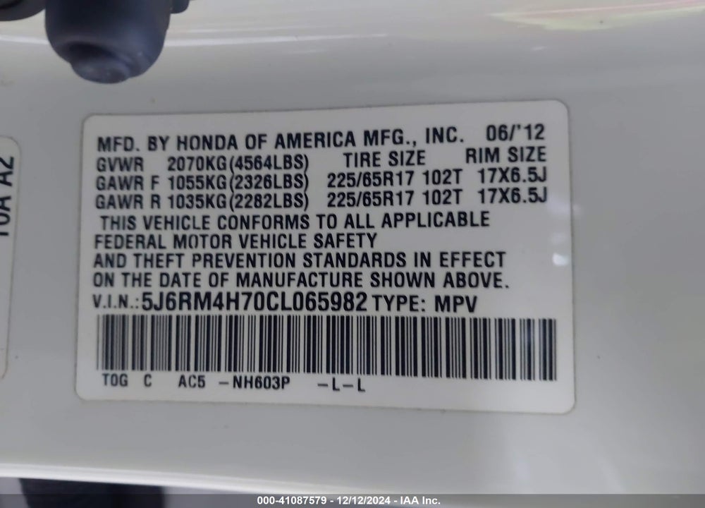 2012 HONDA CR-V EX-L VIN: 5J6RM4H70CL065982