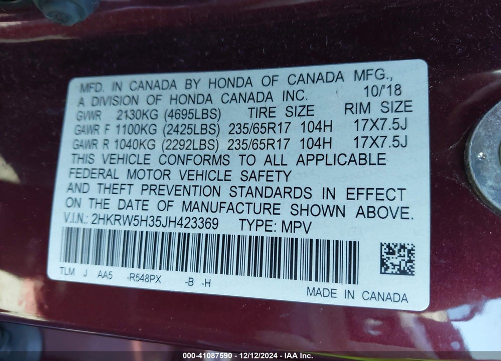 2018 HONDA CR-V LX VIN: 2HKRW5H35JH423369