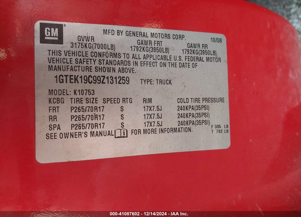 2009 GMC SIERRA 1500 WORK TRUCK VIN: 1GTEK19C99Z131259