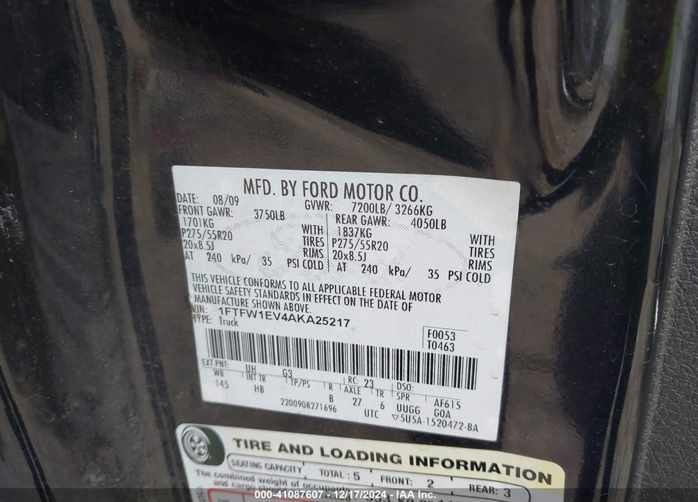 2010 HARLEY-DAVIDSON FORD F-150 FX4//KING RANCH/LARIAT/PLATINUM/XL/XLT VIN: 1FTFW1EV4AKA25217