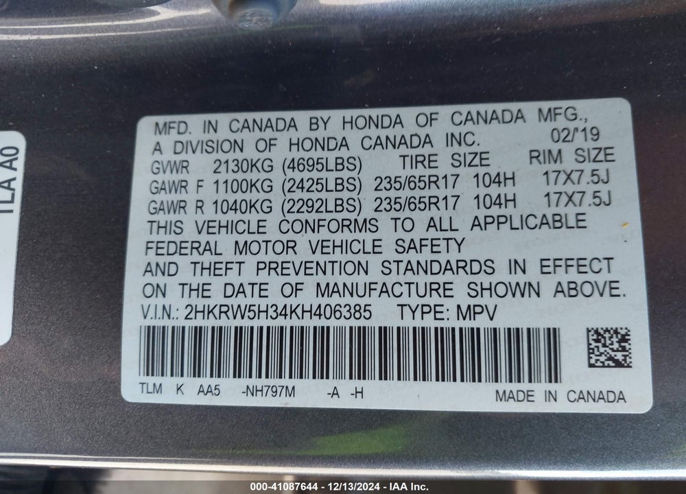 2019 HONDA CR-V LX VIN: 2HKRW5H34KH406385