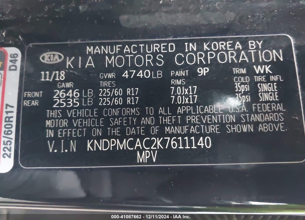2019 KIA SPORTAGE LX VIN: KNDPMCAC2K7611140