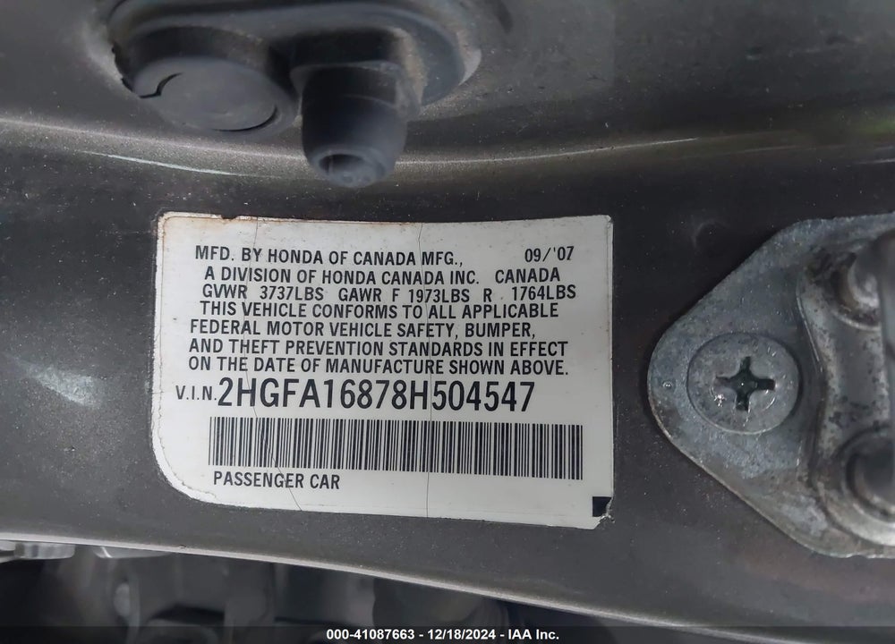 2008 HONDA CIVIC EX VIN: 2HGFA16878H504547