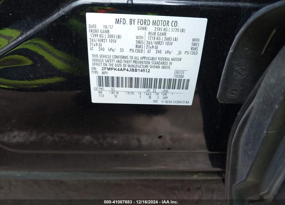2018 FORD EDGE SPORT VIN: 2FMPK4AP4JBB14512