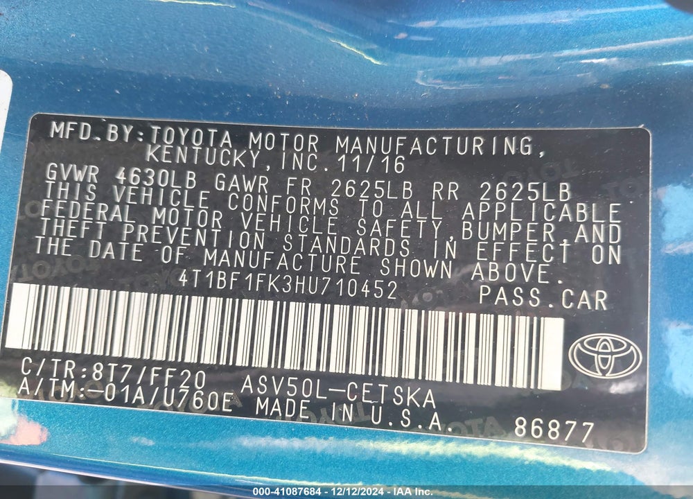 2017 TOYOTA CAMRY SE VIN: 4T1BF1FK3HU710452